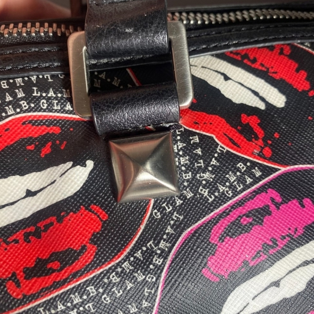 L.A.M.B. Worthington Satchel - Kiss 4 Me Print Black and Pink Women's Bag - Picture 10 of 11
